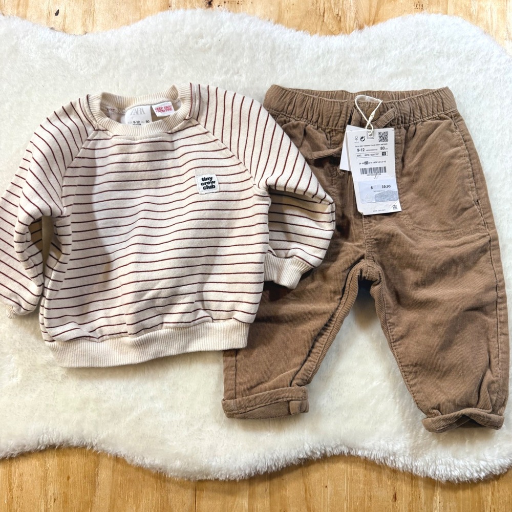 Zara Striped Sweatshirt and Corduroy Pants Outfit Set 9-12 Months Neutral Baby